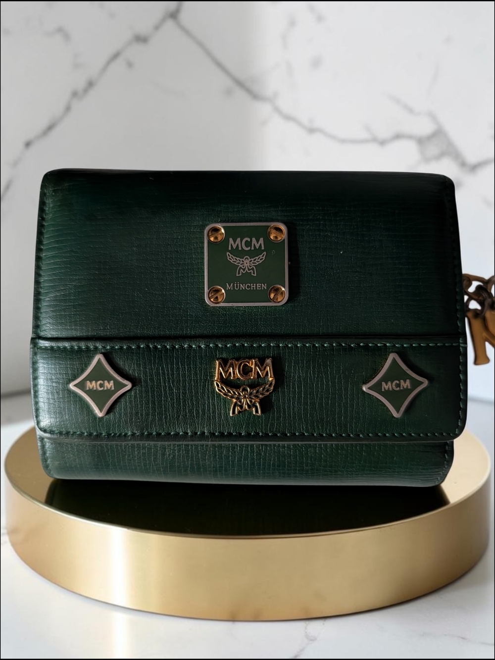 Vintage MCM München Green Leather Trifold Wallet and Gold Charms
